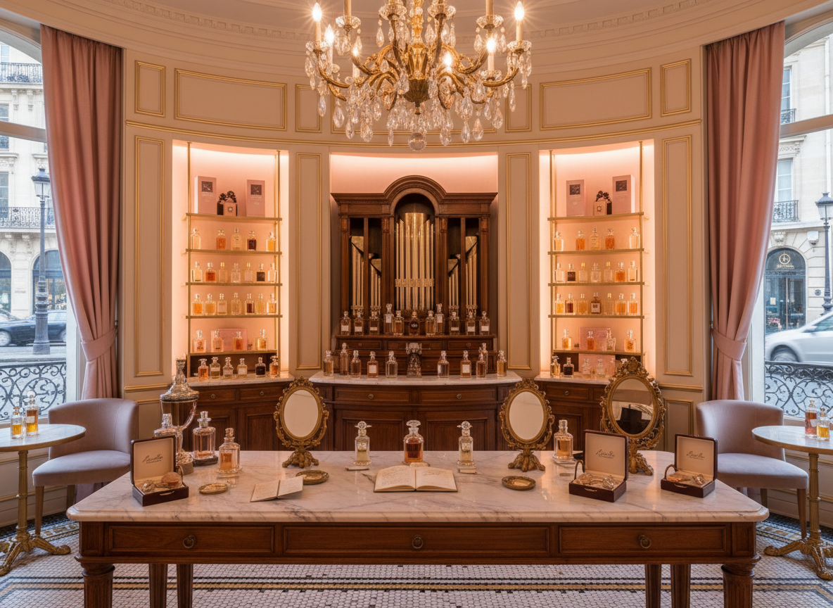 Parijse parfumerie met glazen flessen in zacht roze en goud licht